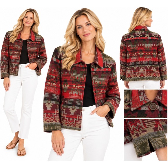 Coldwater Creek Jackets & Blazers - Coldwater Creek Womens 16 Red Southwestern Geometric Aztec Tapestry Jacket Boho
